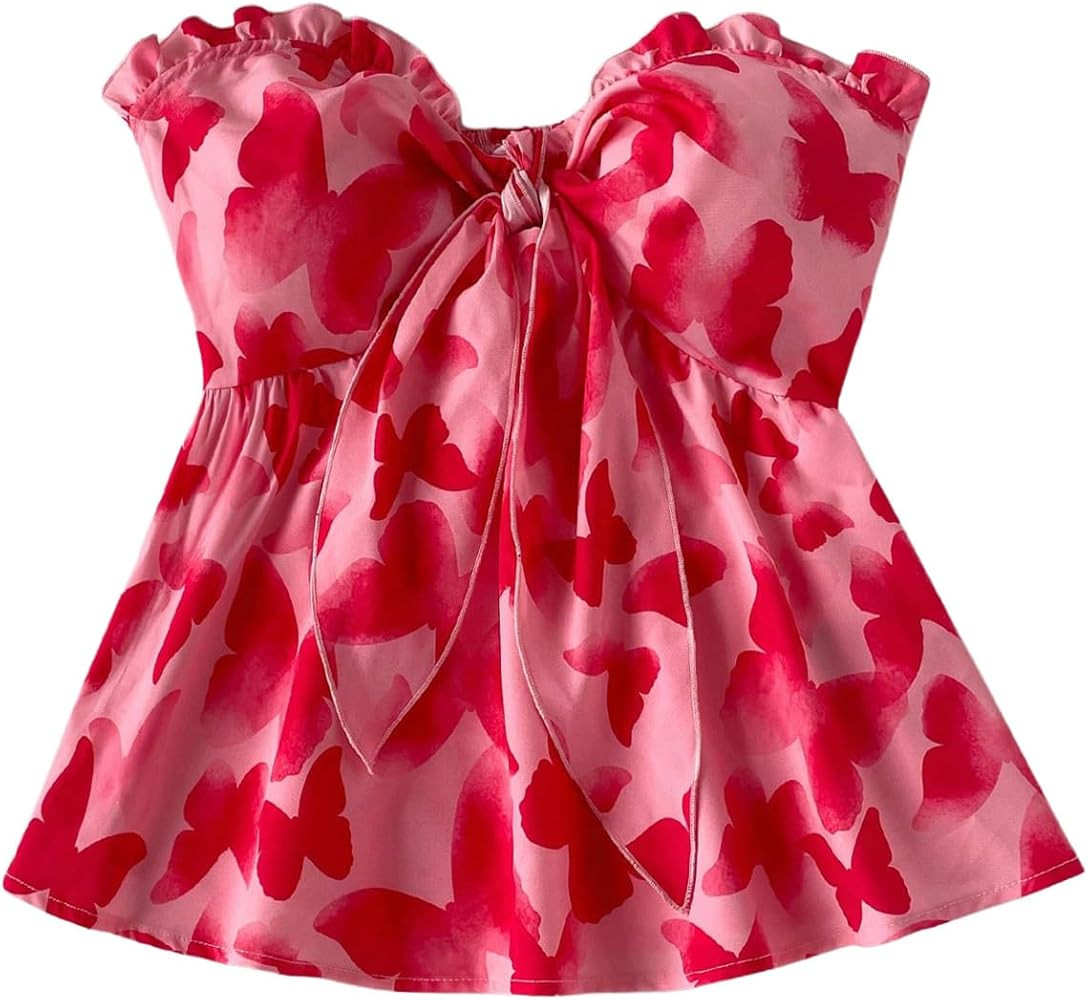 MakeMeChic Women's Boho Butterfly Print Knot Tie Front Strapless Tube Top Ruffle Hem Bandeau Summ... | Amazon (US)