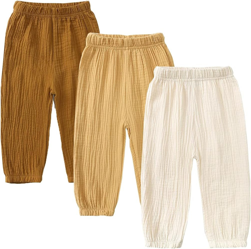 GFQLONG 3 Pack Toddler Boy Girl Casual Basic Plain Soft Pant Baby Summer Fall Comfy Cotton Linen ... | Amazon (US)