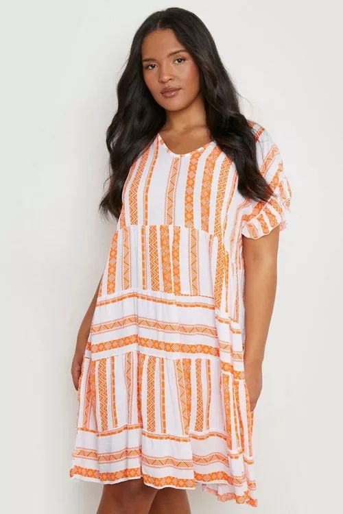 Plus Aztec Tiered Ruffle Smock Dress | Boohoo.com (UK & IE)