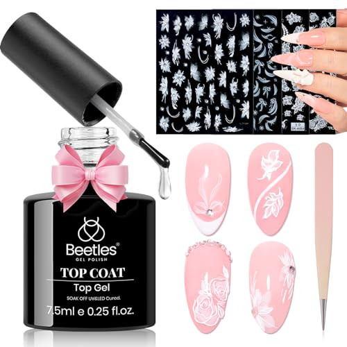 Beetles Gel Top Coat With 6 Pcs Nail Stickers for Nail Art, 5D Rhinestones Sticker Embossed White Flower Design with Nail Tweezer Pegatinas Uñas Nail Gems Decorations for Women | Amazon (US)