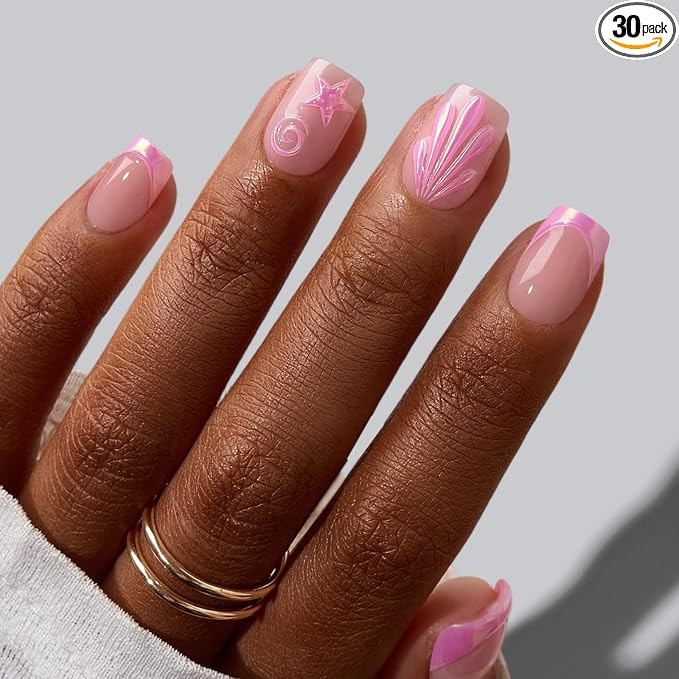 BTArtbox French Tip Press On Nails - Shell Glow, Easy-to-Apply Pink 3D Sculpting Short Square Pre... | Amazon (US)