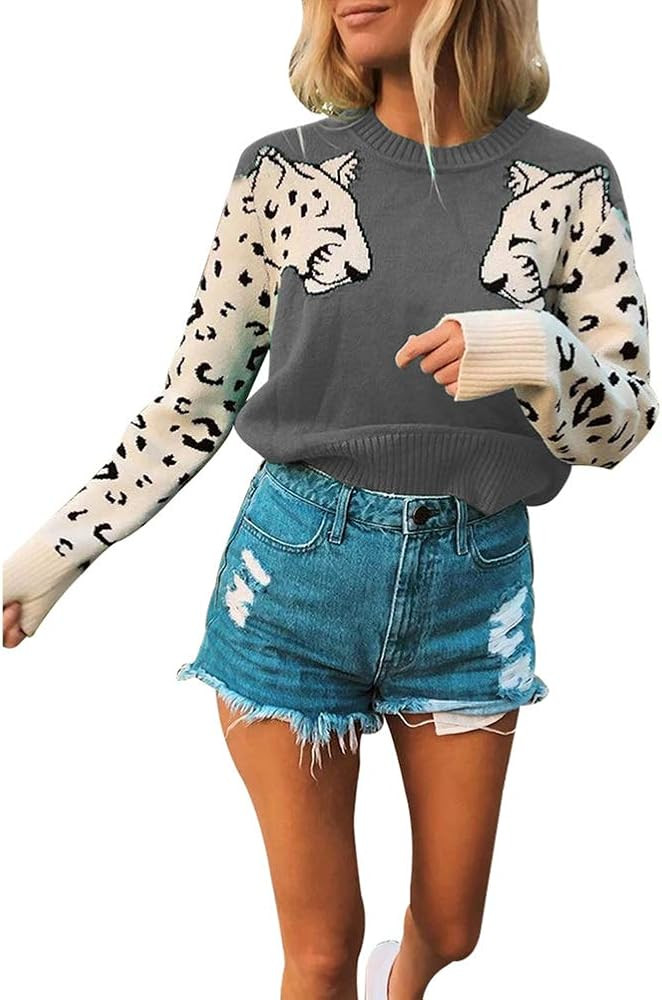 JUNBOON Women’s Casual Leopard Print Knitted Pullover Sweaters Long Sleeve Crew Neck Jumper Top... | Amazon (US)
