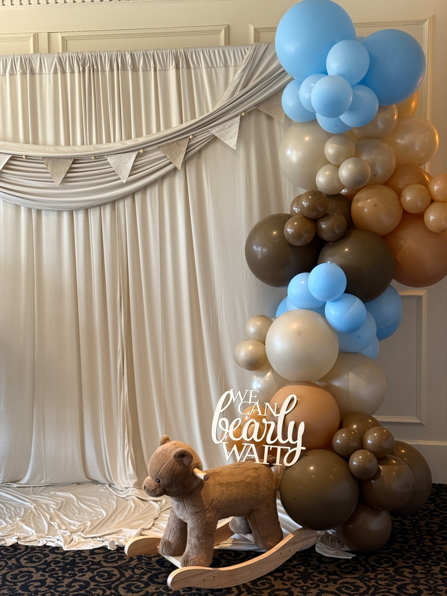 Our baby shower backdrop moment 🤍🧸 The balloons, the draping, the sweetest setup to celebrate our little one on the way  

#LTKspring #LTKBump #LTKBaby