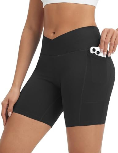 baleaf Crossover Biker Shorts Women 6" High Waisted Yoga Shorts with Pockets Bike Workout Spandex Compression Black M | Amazon (US)