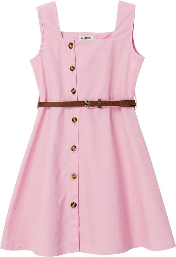 Geru Girls' School Uniform Button Down Front Belted Dress Summer Midi Sundress | Amazon (US)