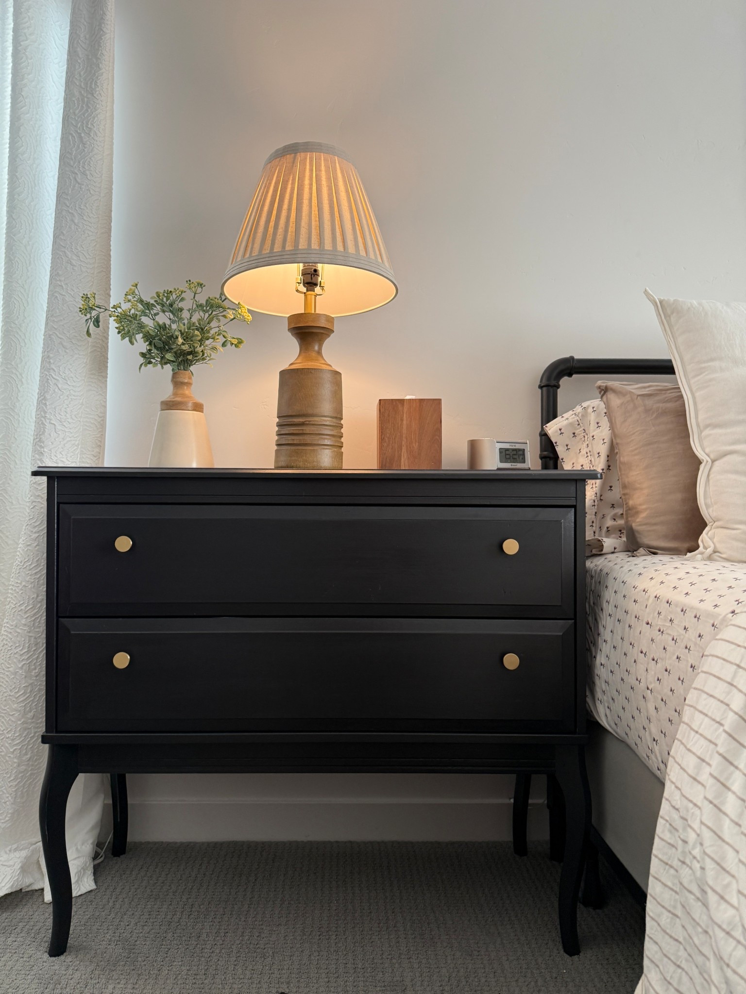 Found a few similar options for our upcycled black transitional French style nightstands /dressers.
And these box pleated linen lamp shades with a turned wood lamp base really pop as a combo. Nice lamp shades were a splurge but have been so worth it. They give  the most warm and inviting light. I linked a few similar options because I can’t link this actual AtHome lamp on LTK.

#LTKSaleAlert #LTKHome