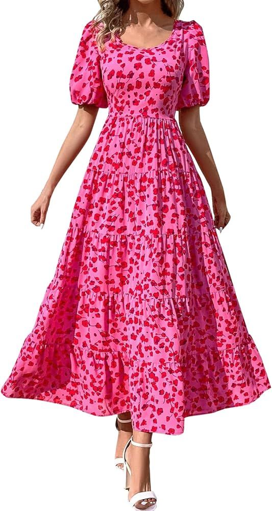 Maxi Dresses for Women 2024, Casual Backless Dress Puff Sleeve Women's Spring Floral Sunflower Su... | Amazon (US)