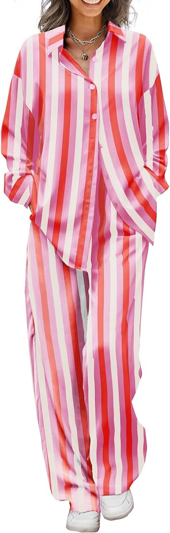 Ekouaer Womens Satin Silky Pajama Set 2 Piece Print PJs Soft Loungewear Button Down Sleepwear wit... | Amazon (US)