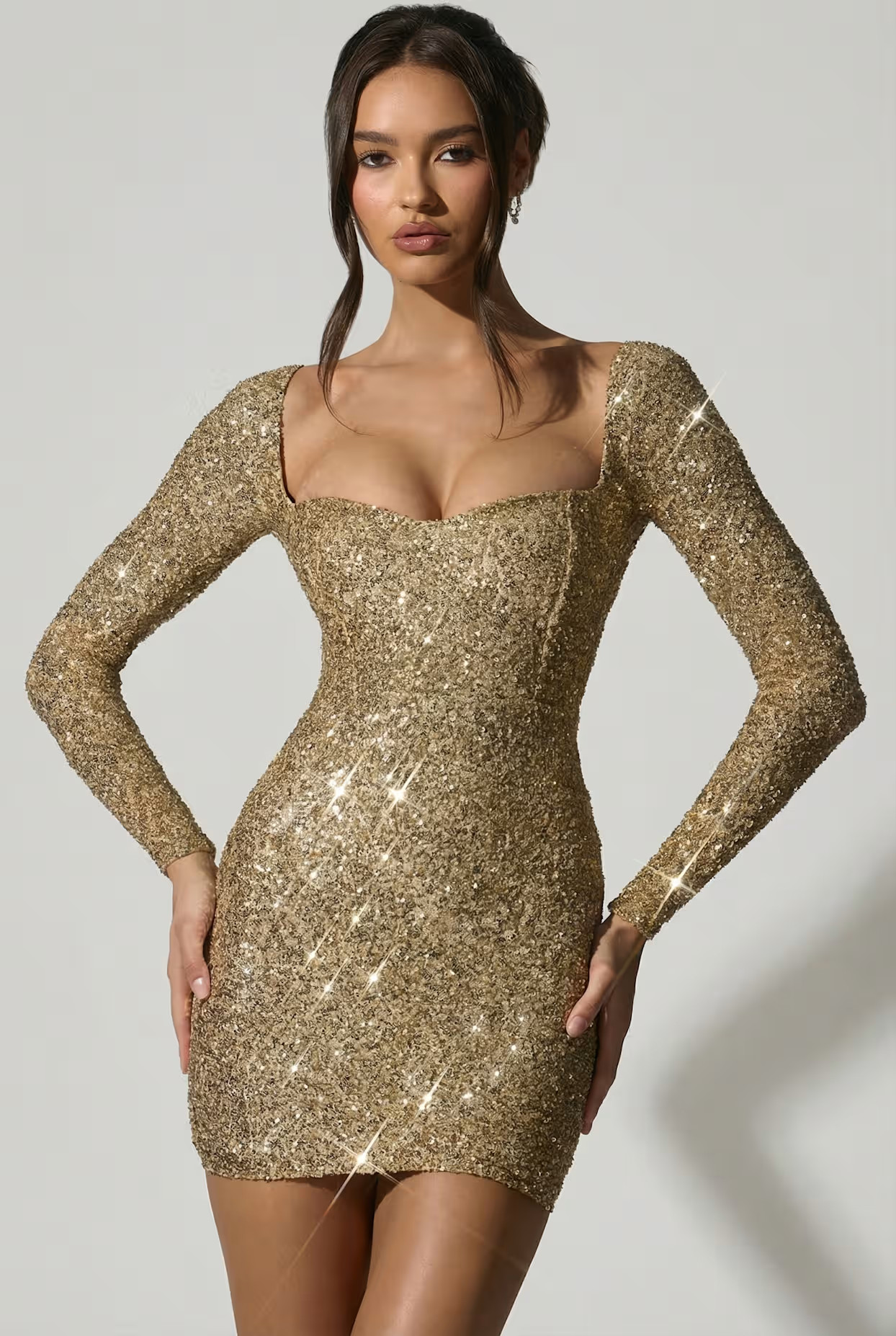 Embellished Sweetheart-Neck Mini Dress in Gold | Oh Polly
