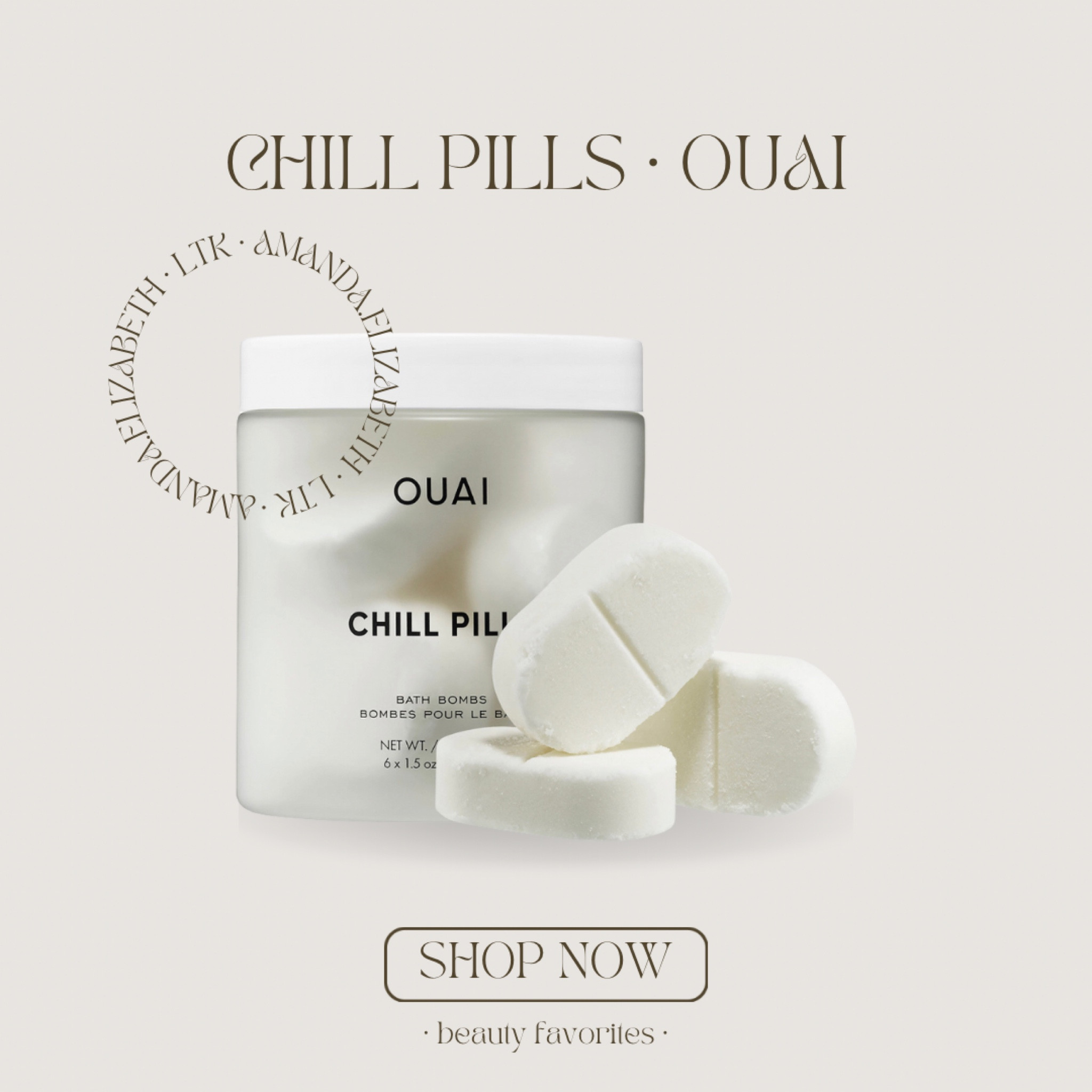 chill pills by ouai 🤍 This bath bomb provides a dreamy escape into a tranquil, spa like experience. It is infused with notes of jasmine and rose to create the ultimate relaxing, sensory environment, while jojoba, safflower, and hemp seed oil calm, soothe, and hydrate the skin. A jasmine-and-rose-scented bath bomb that is infused with lush oils to moisturize, nurture, and soothe skin.

#LTKbeauty #LTKunder50 #LTKFind