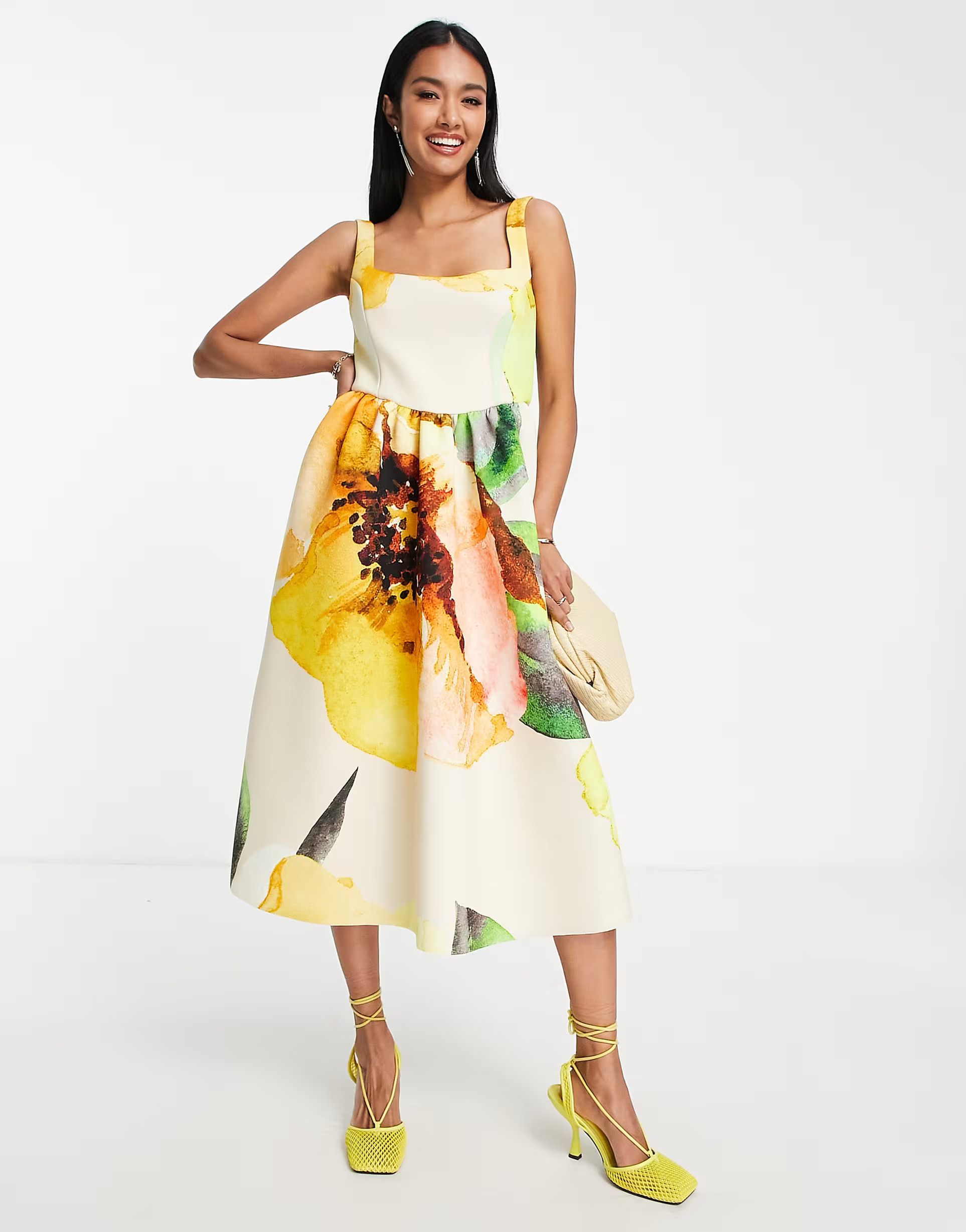 ASOS DESIGN square neck midi prom dress in painted floral print | ASOS (Global)