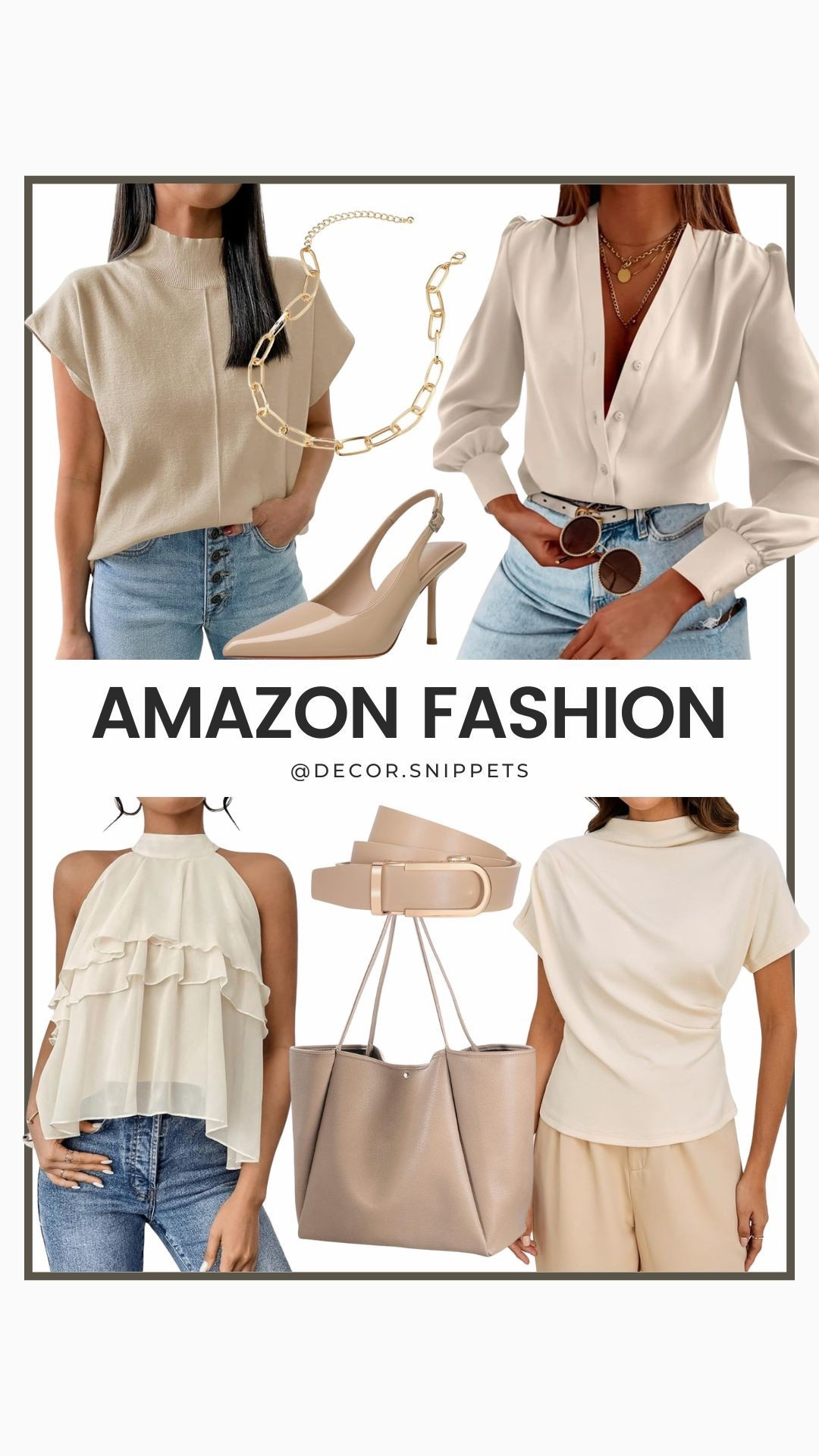 Chic, neutral-toned Amazon finds perfect for elevating your everyday style! From elegant blouses and layered tops to classic heels, handbags, and gold accessories—these versatile pieces are wardrobe must-haves. ✨ Click the link to shop these looks and refresh your style with effortless elegance!
