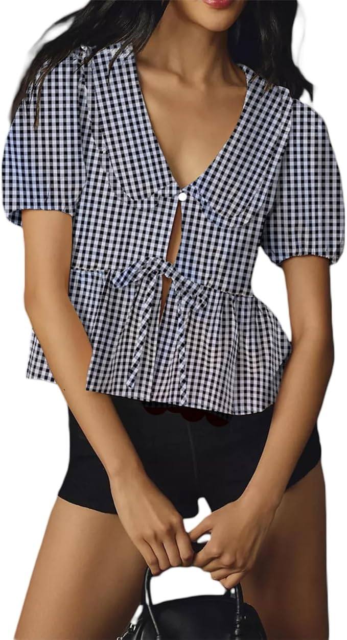 Y2k Peplum Top Women Puff Short Sleeve Ruffle Plaid Gingham Crop Blouse Tie Front Bow Teen Girls ... | Amazon (US)