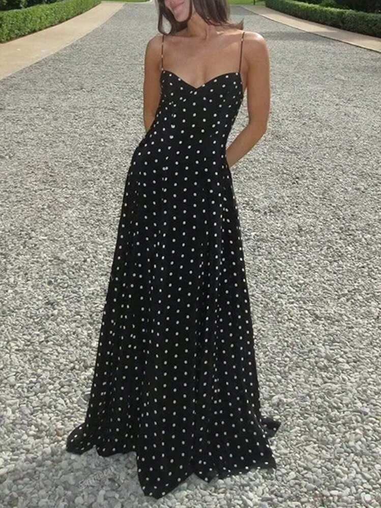 Women's Polka Dot Print Backless V-Neck Sleeveless Dress | SHEIN