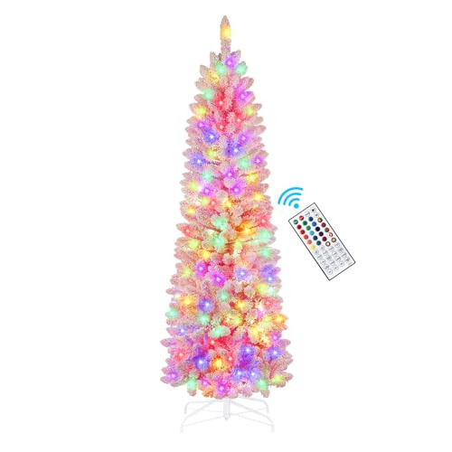 SHareconn 6ft Prelit Snow Flocked Artificial Hinged Slim Pencil Christmas Tree, with Remote Controlled Multi-Color RGB Lights, Full Branch Tips, Perfect Choice Decoration for Xmas Holiday, 6 FT, Pink | Amazon (US)