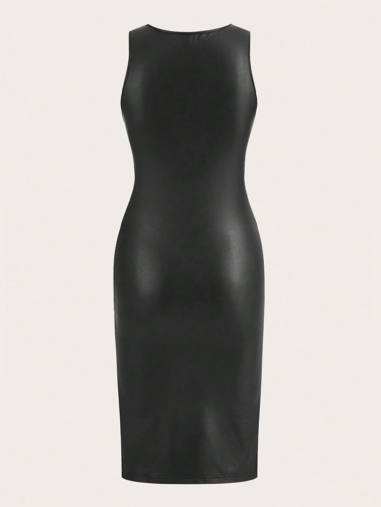 Verdusa Women's Split PU Leather Ruched Tank Dress Crewneck Sleeveless Long Bodycon Dress | Amazon (US)