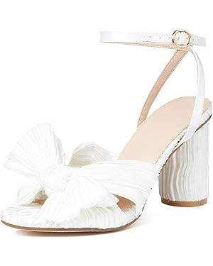 Lovee Cosee Women's Bow Knot Heeled Sandals Pleated Open Toe Ankle Strap Chunky Heels for Bride W... | Amazon (US)