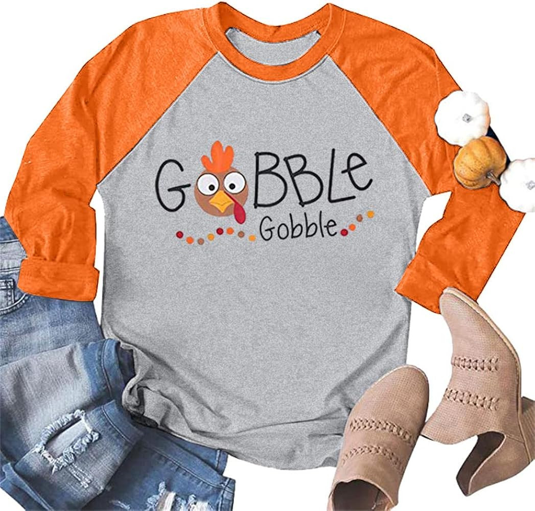 Thanksgiving Gobble Shirt Funny Turkey Graphic Tshirt Women Letter Print Raglan 3/4 Sleeve Tee To... | Amazon (US)