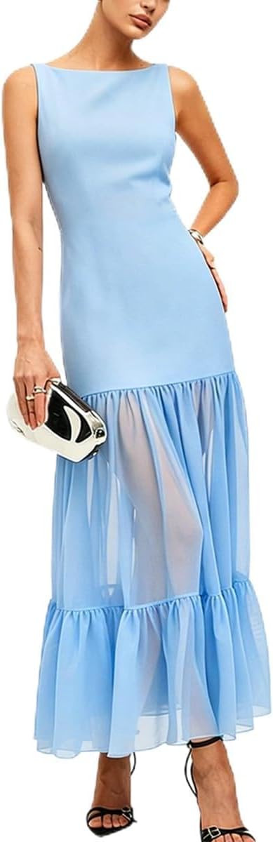 Women Mesh Sheer Backless Maxi Dress Boat Neck Sleeveless Elegant Prom Sexy Tie Strap Dress Weddi... | Amazon (US)