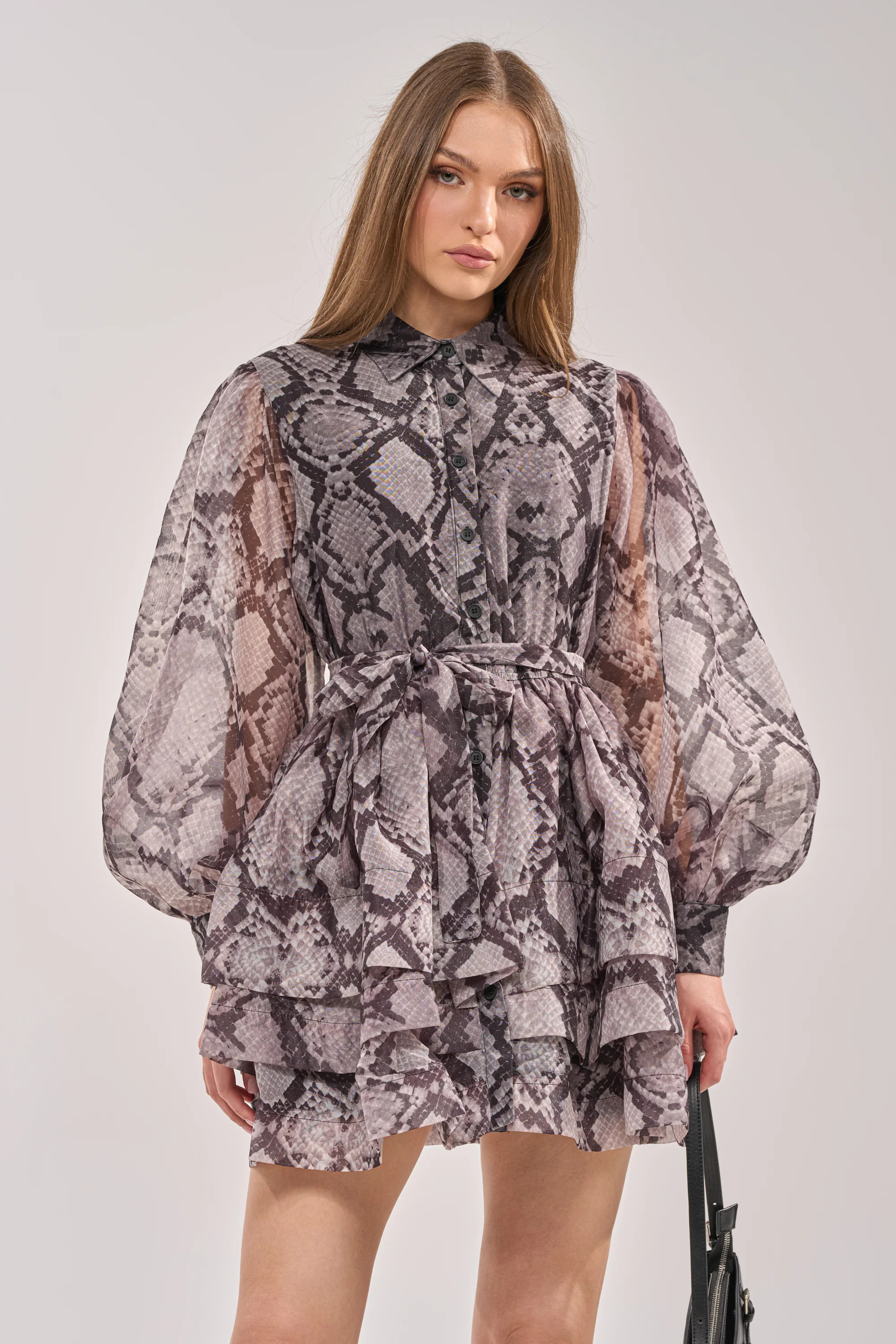 IT GIRL CHIFFON RUFFLE MINI DRESS IN SNAKE | AKIRA