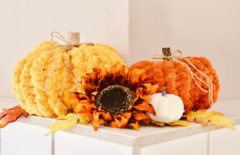 Hand Knit Chunky Chenille Yarn Pumpkin Fall Decor | Etsy | Etsy (US)