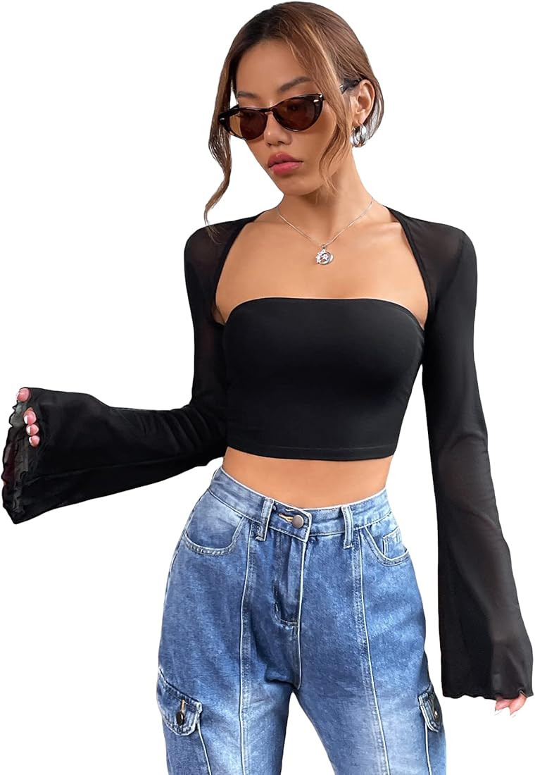 Verdusa Women's Lettuce Trim Bell Long Sleeve Square Neck Crop Top T Shirt | Amazon (US)