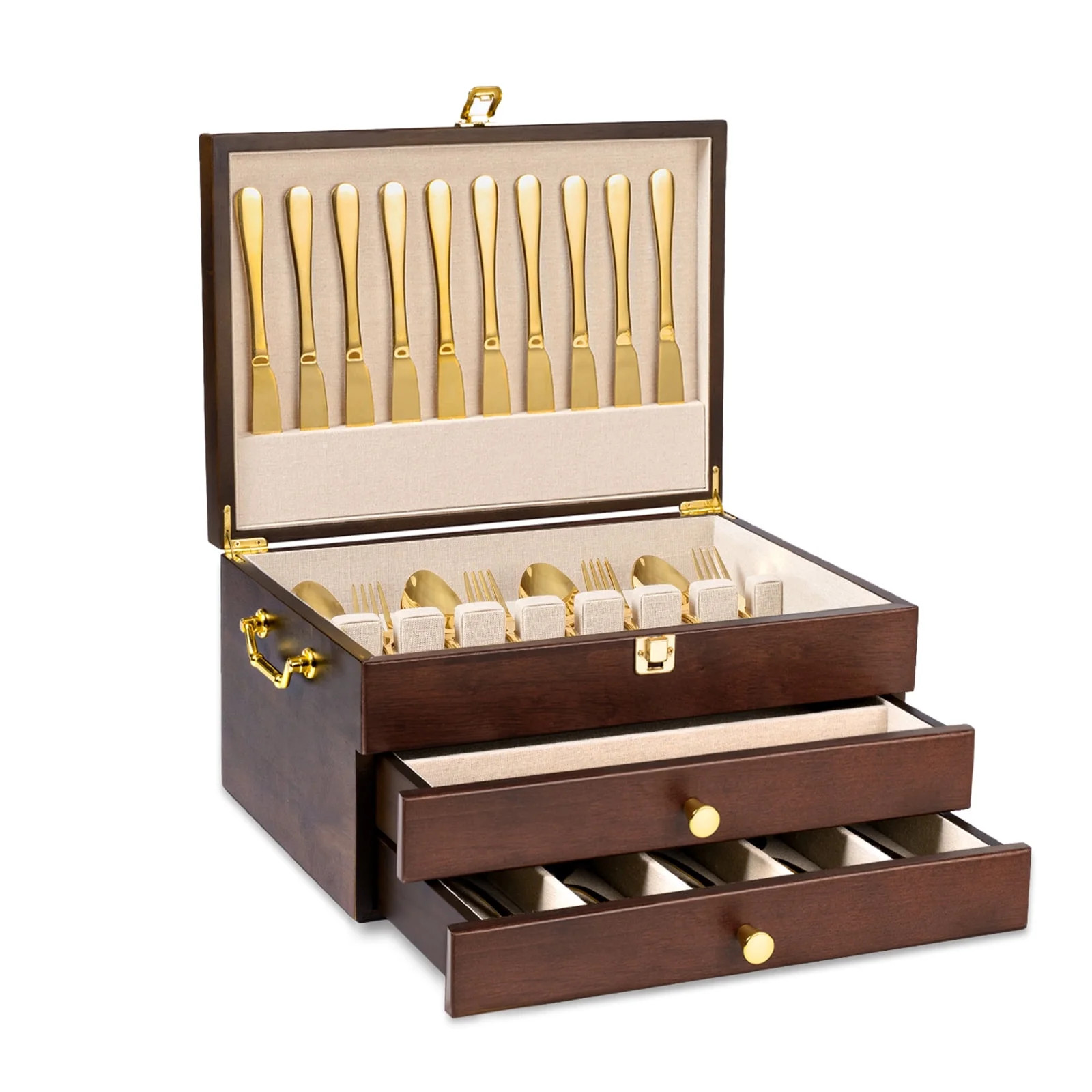 Silverware Storage Box, 3-Layer Flatware Storage Case with Drawer, Wooden Silverware Chest with Handle and Linen Liner for Storing Fine Flatware and Utensils (Walnut) | Walmart (US)