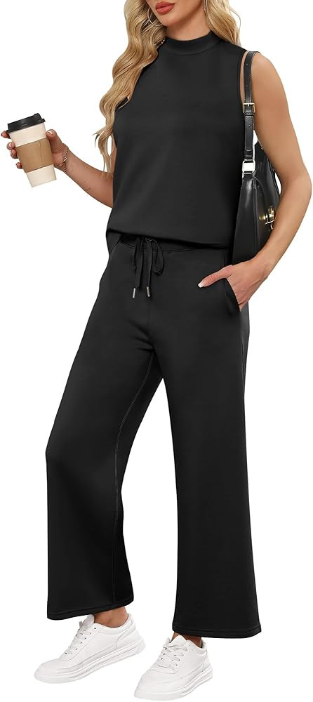 ANRABESS Women 2 Piece Outfits Summer Lounge Sets Mock Neck Top Wide Leg Pants Casual Fashion Tra... | Amazon (US)