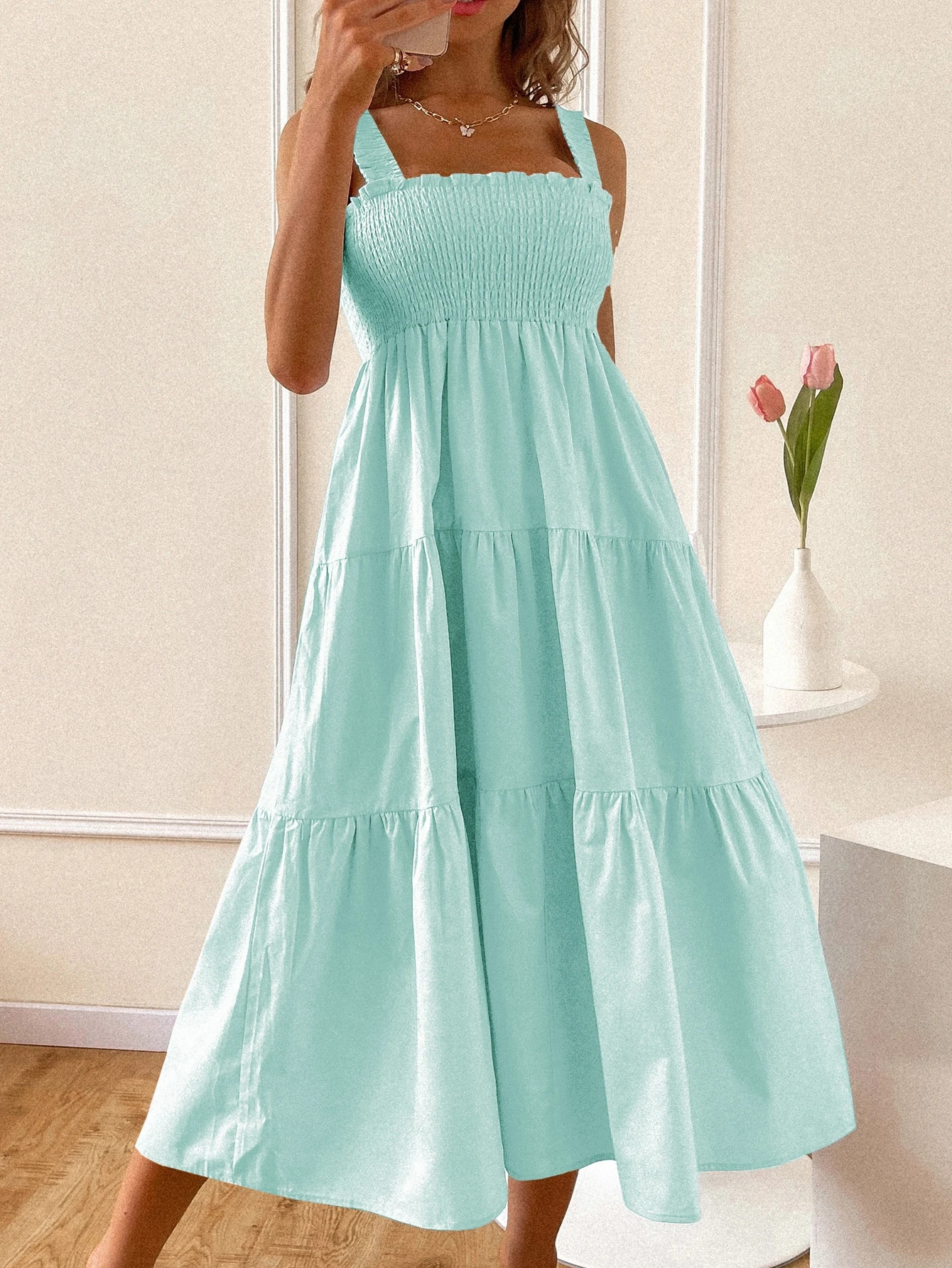 Solid Shirred Swing Cami Dress | SHEIN