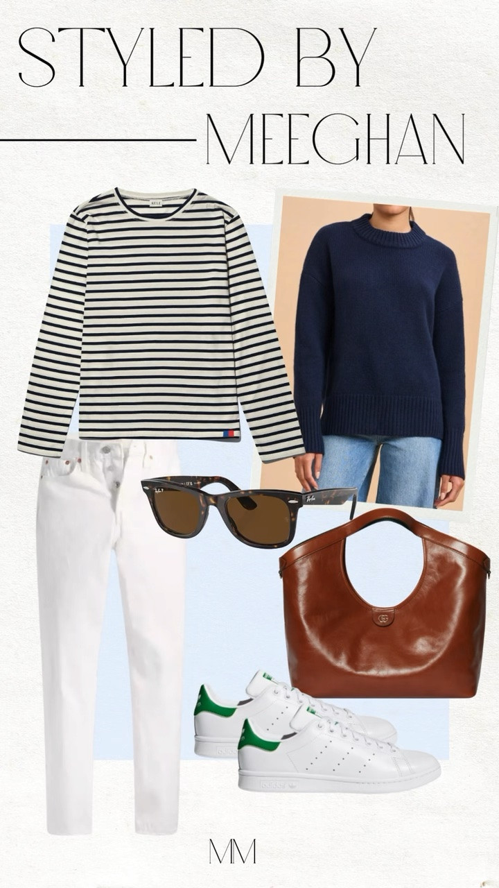 Classic pieces you’ll wear on repeat 🤍 Sharing an easy white jeans outfit with a striped tee, navy sweater, adidas sneakers, tortoise sunglasses, and an everyday tote bag for effortless style. Perfect inspiration for a casual chic outfit, elevated basics, timeless wardrobe staples, everyday outfit ideas, travel style, spring fashion, and classic casual looks. [white jeans outfit, striped shirt outfit, casual chic style, elevated basics, timeless style, everyday outfit ideas, classic wardrobe staples, adidas sneakers outfit, effortless style, spring casual outfit]

#LTKootd #LTKOver40