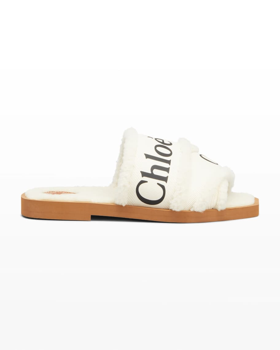 Chloe Woody Shearling Logo Flat Sandals | Neiman Marcus