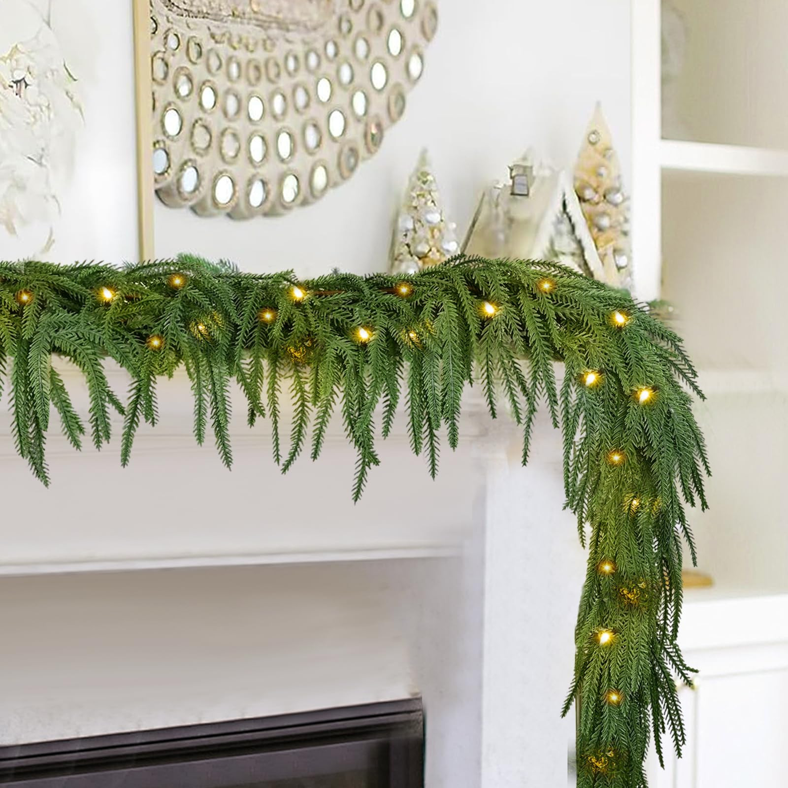 2PCS 6FT Pre-lit Norfolk Pine Garland with 60 Lights, 80 Pine Branches, Realistic Christmas Garla... | Amazon (US)