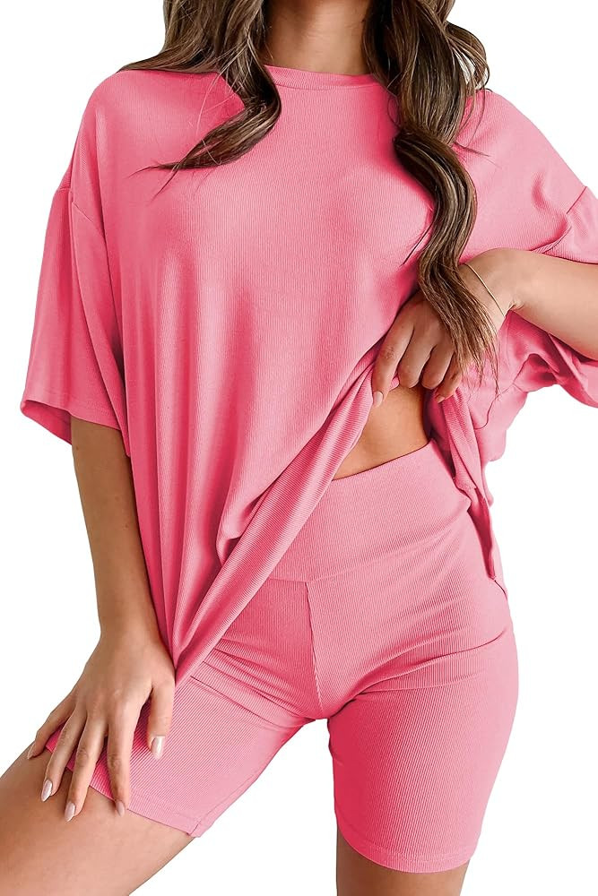 Womens 2 Piece Lounge Set 2026 Summer Travel Outfit Casual Short Sleeve Oversized Tshirts & Biker... | Amazon (US)