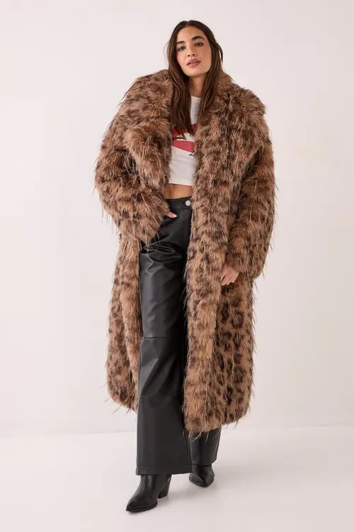 NASTY GAL Faux Fur Longline Coat in Brown at Nordstrom, Size Small | Nordstrom