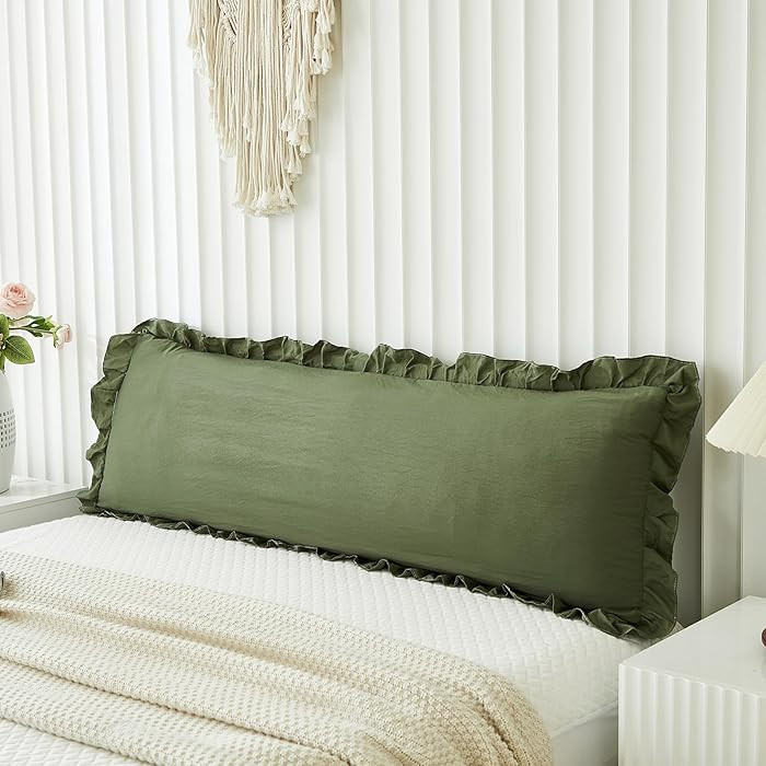 Shabby Chic Olive Green Body Pillow Cover - 20x54in Long Pillowcase with Ruffled Fringe Decor | Amazon (US)