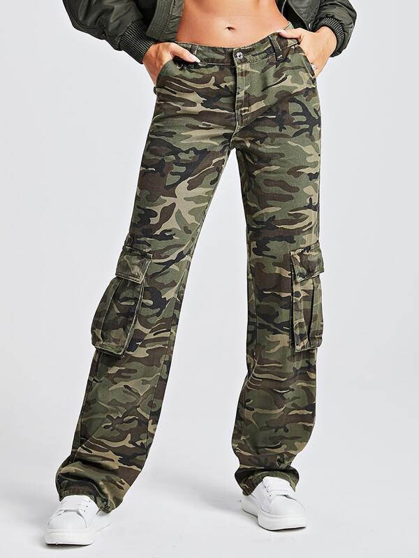 SHEIN EZwear Camo Print Flap Pocket Side Cargo Jeans  SKU: sw2108098157516039(1000+ Reviews)GBP£... | SHEIN