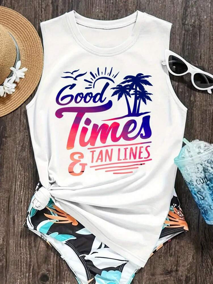 Good Times And Tan Lines Women'S Graphic Tank Top -  Sleeveless T-Shirt With Colorful Beach Theme... | SHEIN