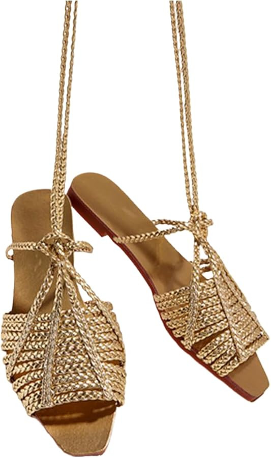 Women's Gold Cross Braided Strap Flat Fish Mouth Roman Sandals Summer Square Toe Sexy Adjust Lace... | Amazon (US)