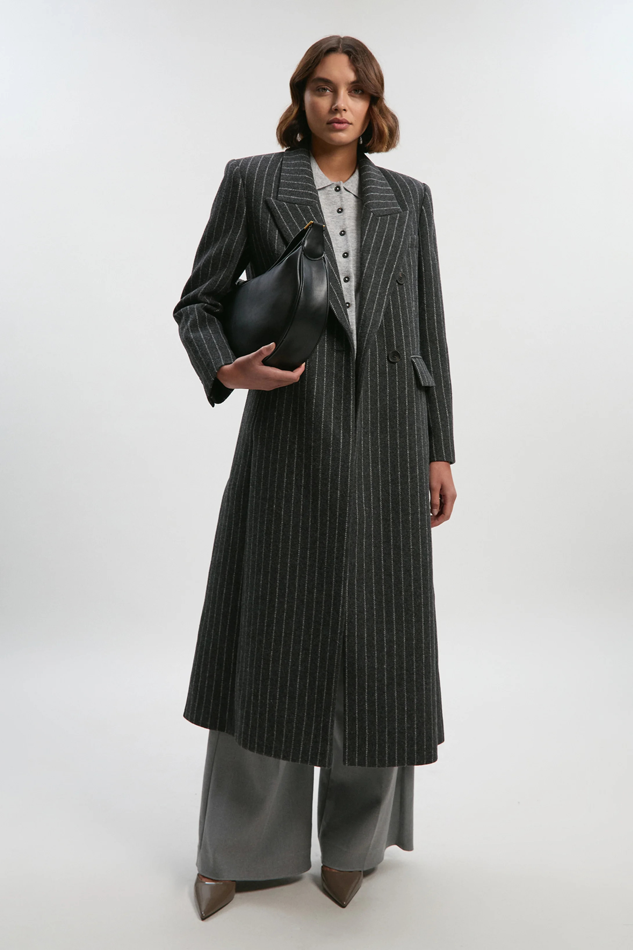 Tall Wool Pinstripe Oversized Double Breasted Tailored Maxi Coat | Karen Millen UK + IE + DE + NL