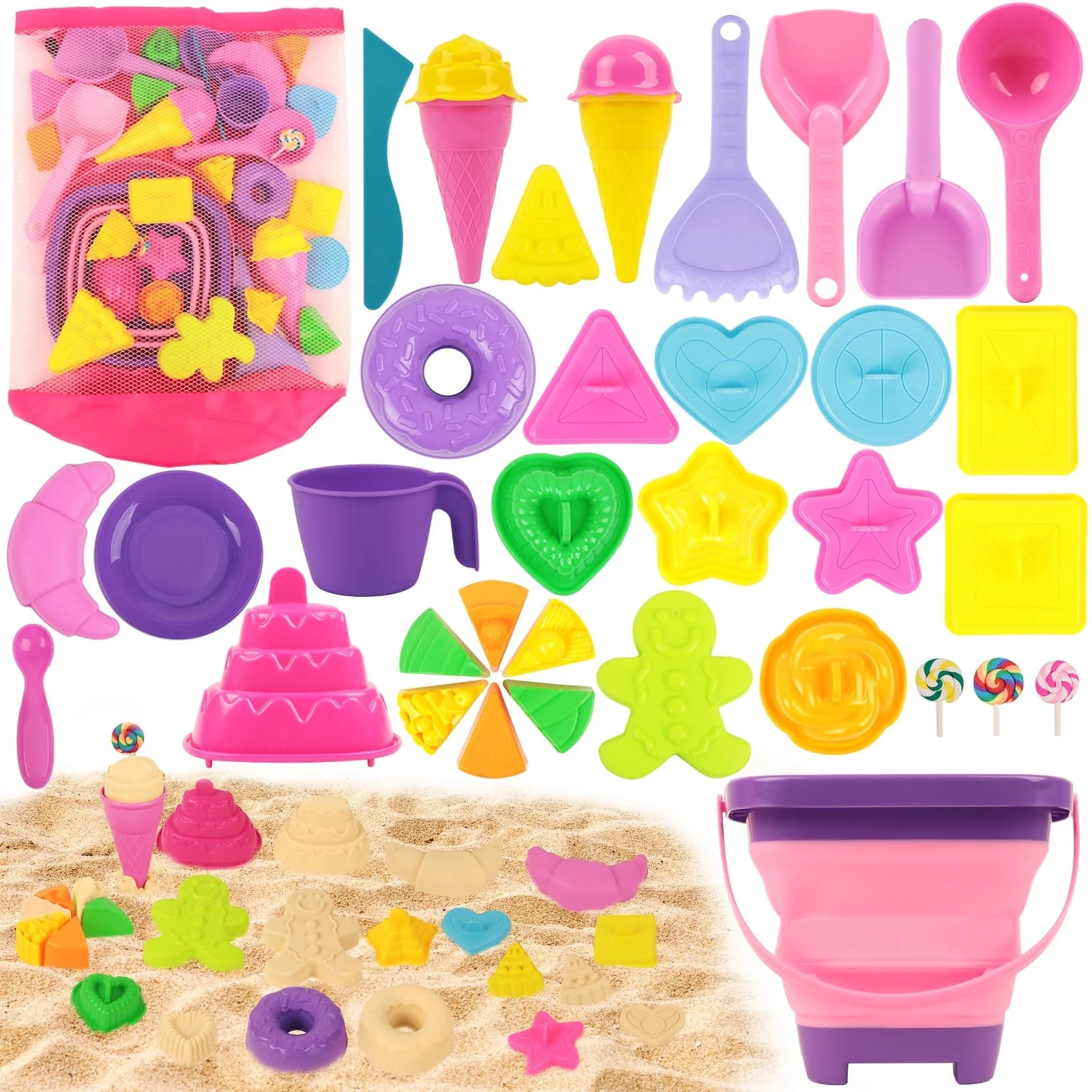 KiddiTouch 35Pcs Beach Sand Toy, Sandbox Toys with Collapsible Bucket & Mesh Bag, 18 Sand Molds T... | Walmart (US)