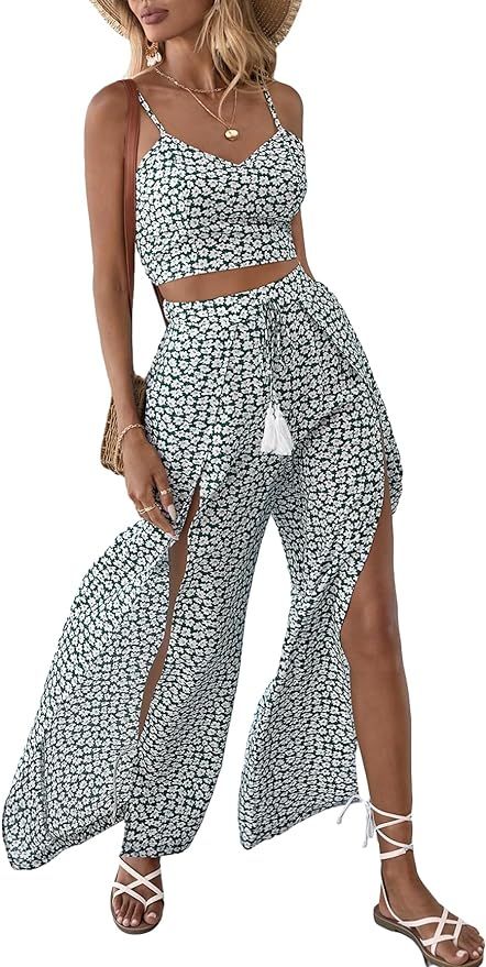 Verdusa Women's 2 Piece Outfits Floral Print Shirred Cami Top and Split Pants Sets | Amazon (US)