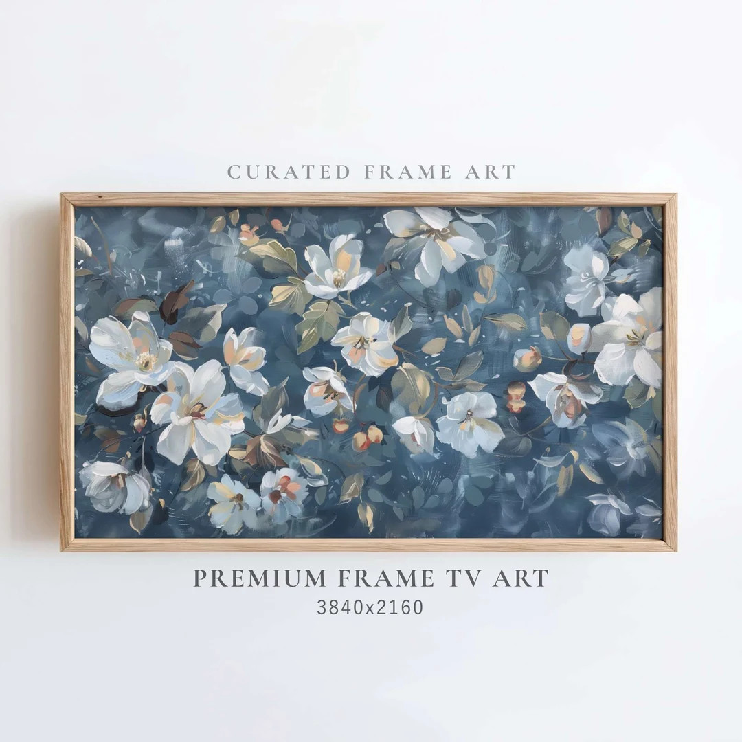 Navy Blue Vintage Flowers Frame TV Art, Summer Tv Art, Rustic White Wildflowers Painting, Botanic... | Etsy (US)