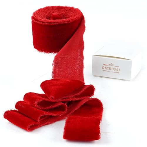 DINDOSAL Red Velvet Ribbon for Christmas Decorations 1.5 Inch Raw Edge Rustic Frayed Silk Velvet Ribbon for Gift Wrapping Boho Wedding Vow Books -3yards | Amazon (US)