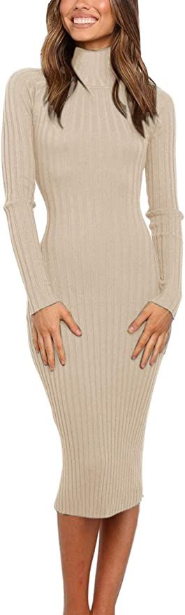 MEROKEETY Women's Ribbed Long Sleeve Sweater Dress High Neck Slim Fit Knitted Midi Dress, Caramel... | Amazon (US)