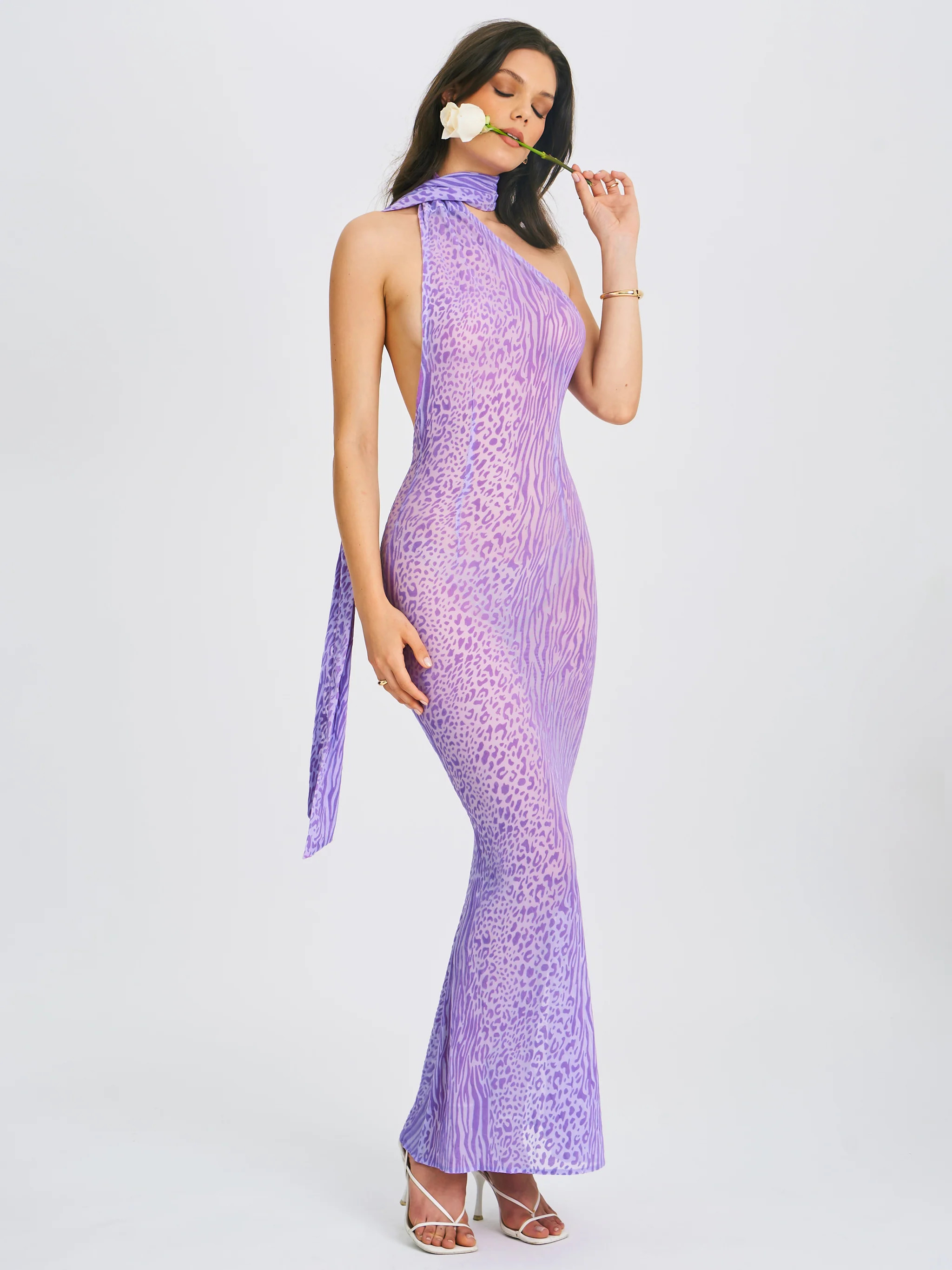 Olena Purple Burnout Velvet Animal Print Mesh Halter Neck Maxi Dress | Miss Circle