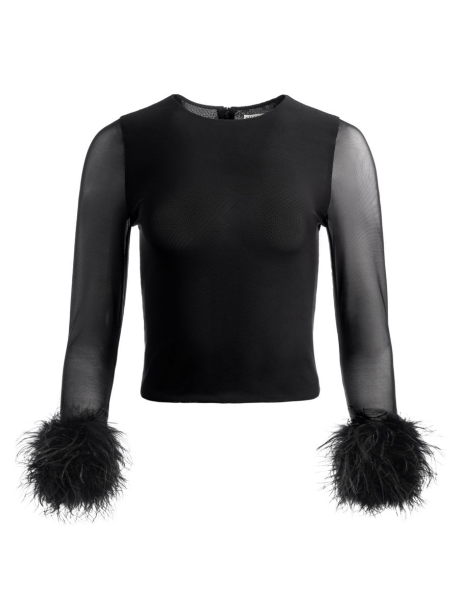 Delaina Mesh Feather-Cuff Top | Saks Fifth Avenue