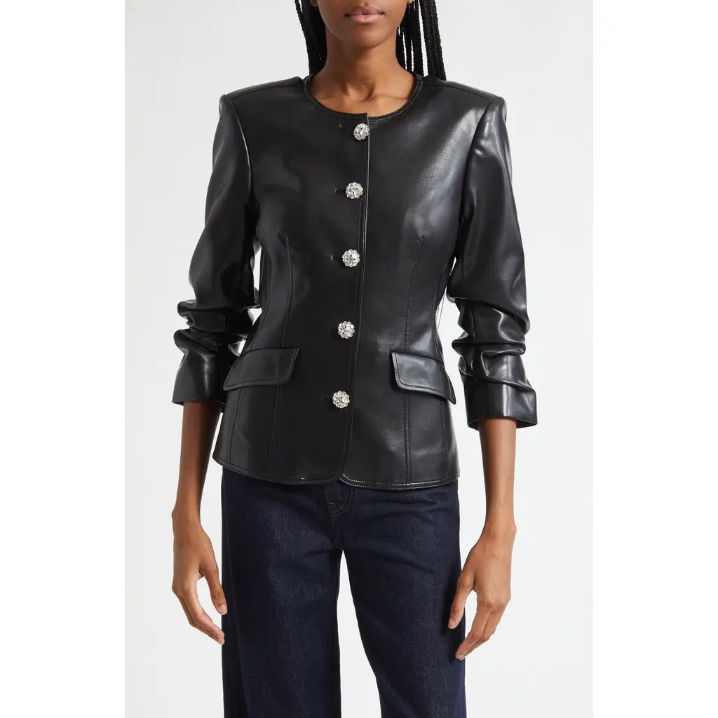Cinq à Sept Crystal Button Scrunched Sleeve Faux Leather Jacket in Black at Nordstrom, Size 10 | Nordstrom