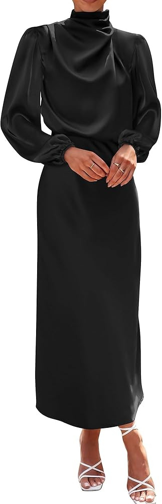BTFBM Womens Mock Neck Satin Dress Summer Fall 2025 Long Sleeve Lightweight Formal Wedding Party ... | Amazon (US)