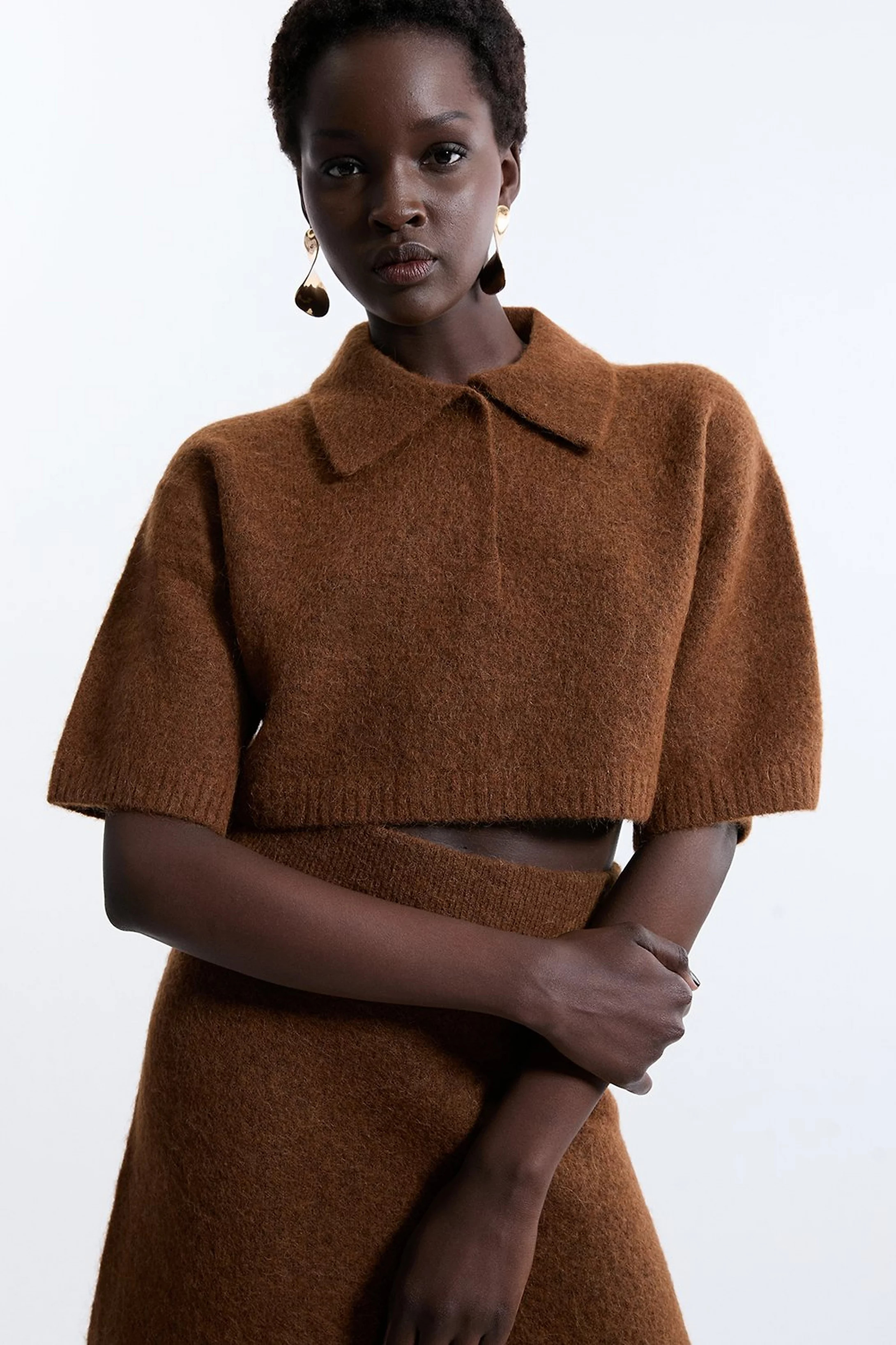 Alpaca Wool Fluffy Knit Polo Top | Karen Millen UK + IE + DE + NL