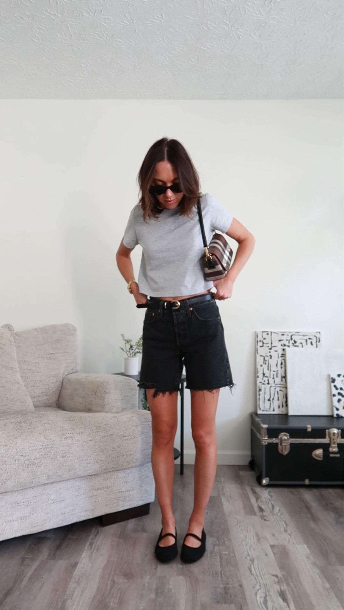 Bermuda denim shorts in black with Mary Jane’s / ballet flats and a simple grey tee

#LTKShoeCrush #LTKFindsUnder100 #LTKStyleTip